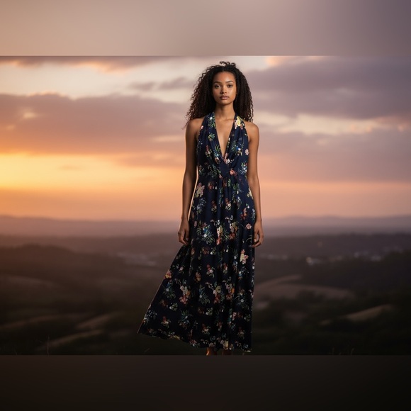 Vtg 60s/70s Gay Gibson Floral Halter Maxi Dress Navy Boho - Picture 7 of 7